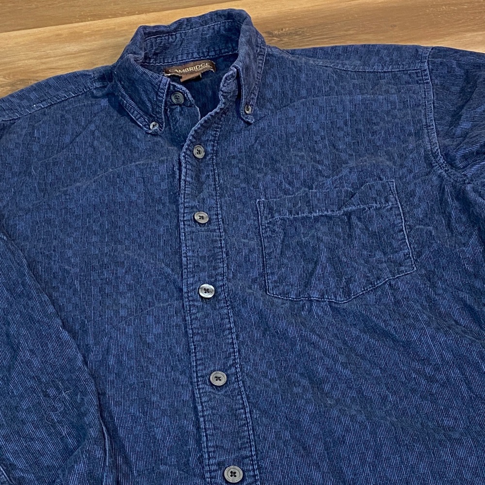 Cambridge‎ Classics Mens Corduroy Button Up Shirt Checkered Blue Medium Vintage